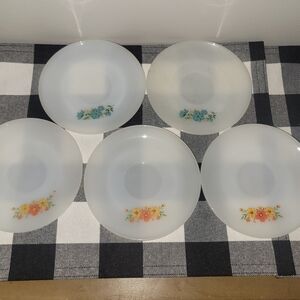 (5) Vtg Fire King Anchor Hocking Orange, Yellow & Blue Floral Saucers Milk Glass